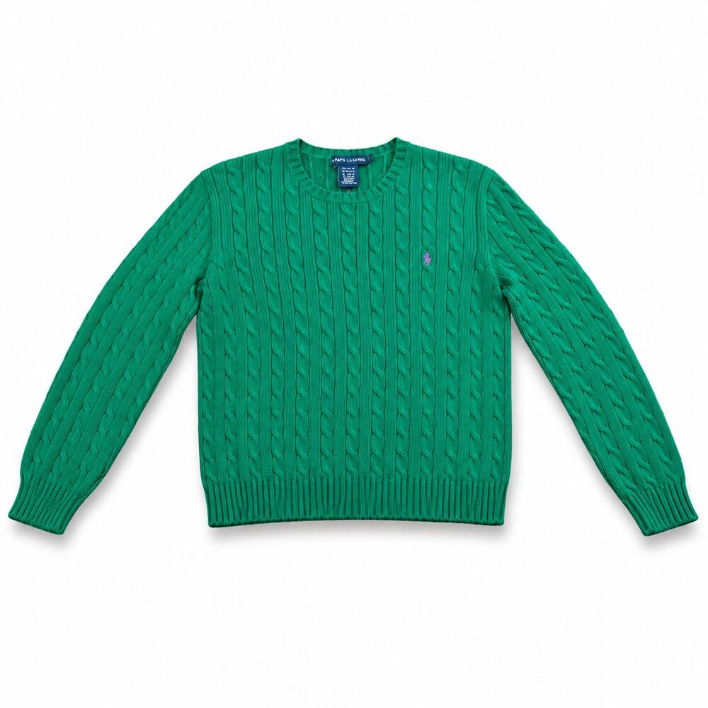 Ralph Lauren Women's Green Cableknit 100% Cotton Crewneck Sweater Pony Size XL
